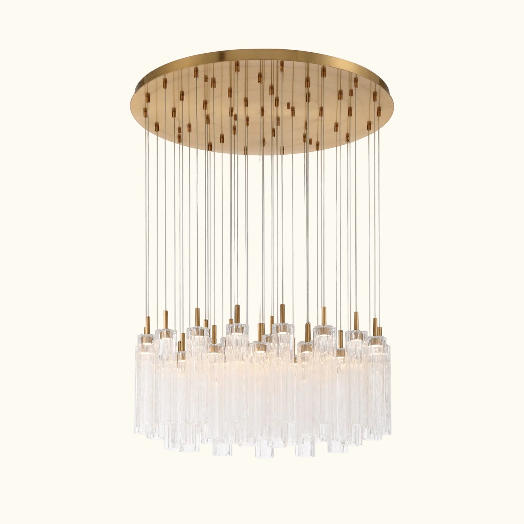 Chandelier with wooden shade and multiple glass lampshades on a white background