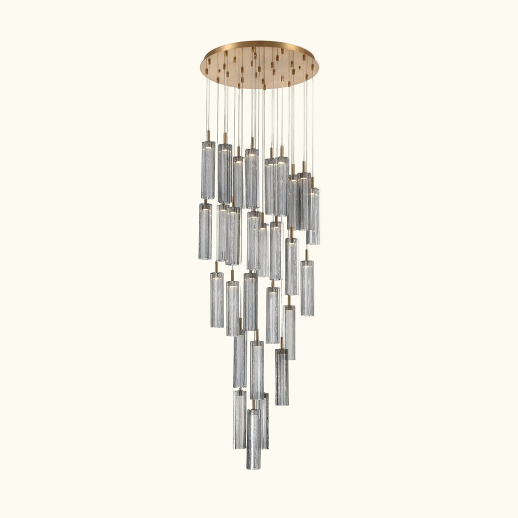 Chandelier with cylindrical glass shades on a white background