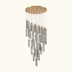 Chandelier with cylindrical glass shades on a white background