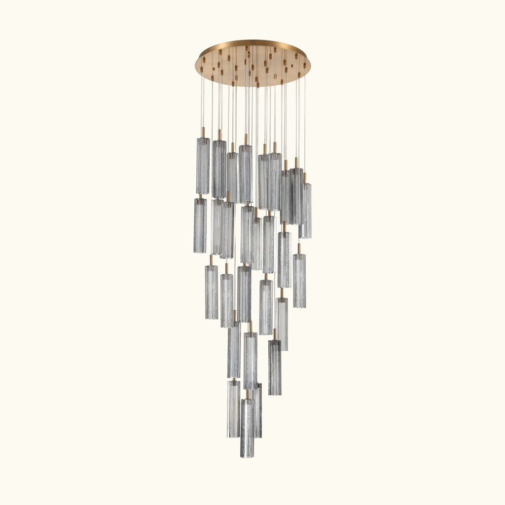 Chandelier with cylindrical glass shades on a white background