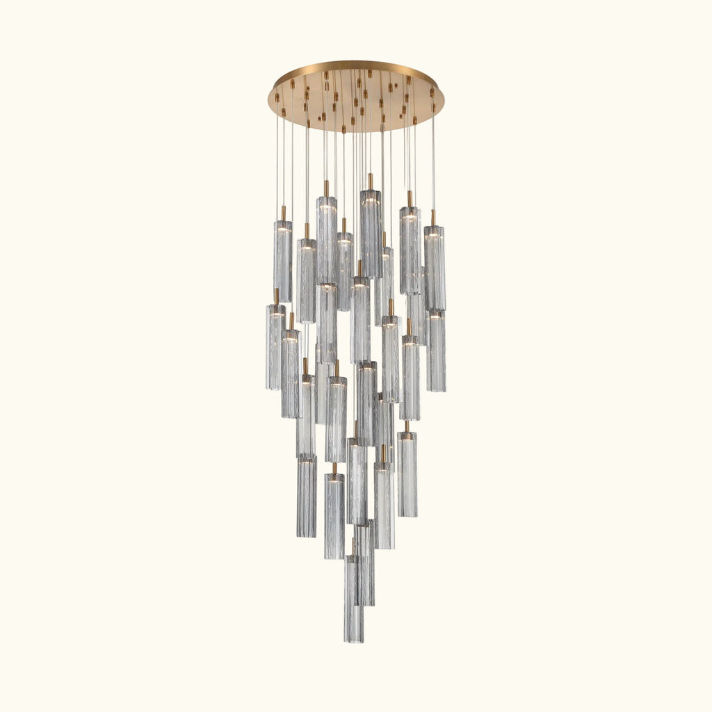 Chandelier with cylindrical glass shades on a white background