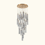 Chandelier with cylindrical glass shades on a white background