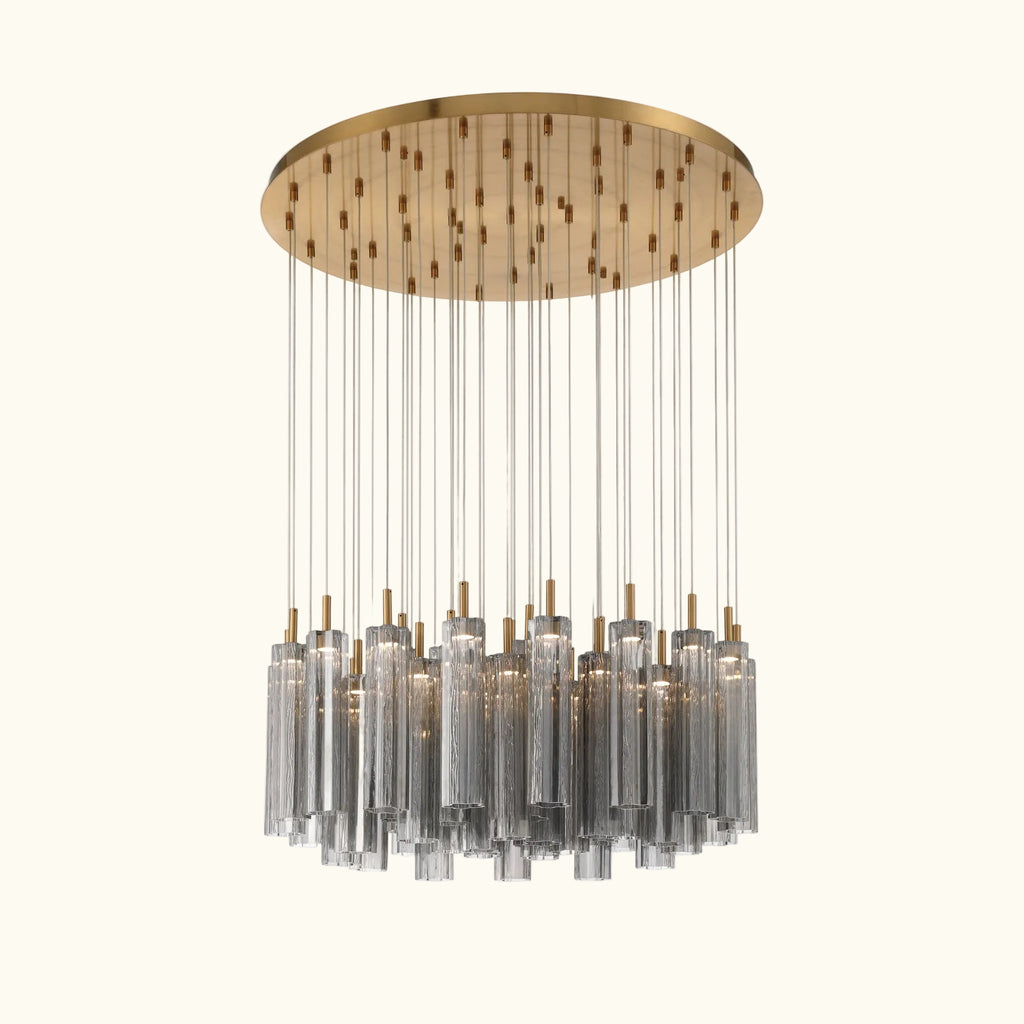 Chandelier with wooden top and glass cylindrical elements on a white background