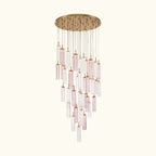 Chandelier with pink and clear glass tubes on a white background