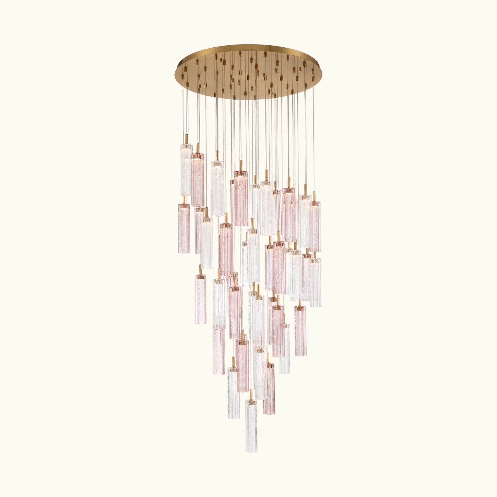 Chandelier with pink and clear glass tubes on a white background