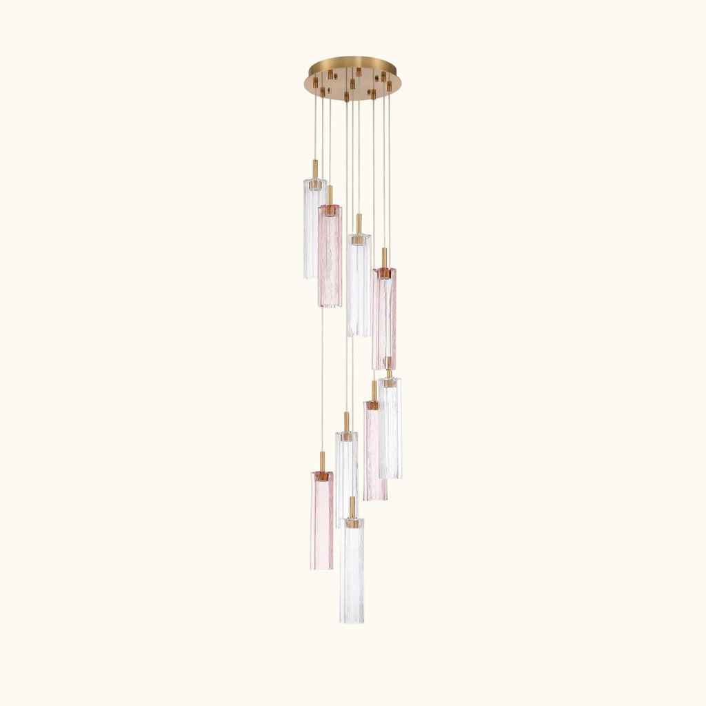 Chandelier with glass cylindrical shades on a white background