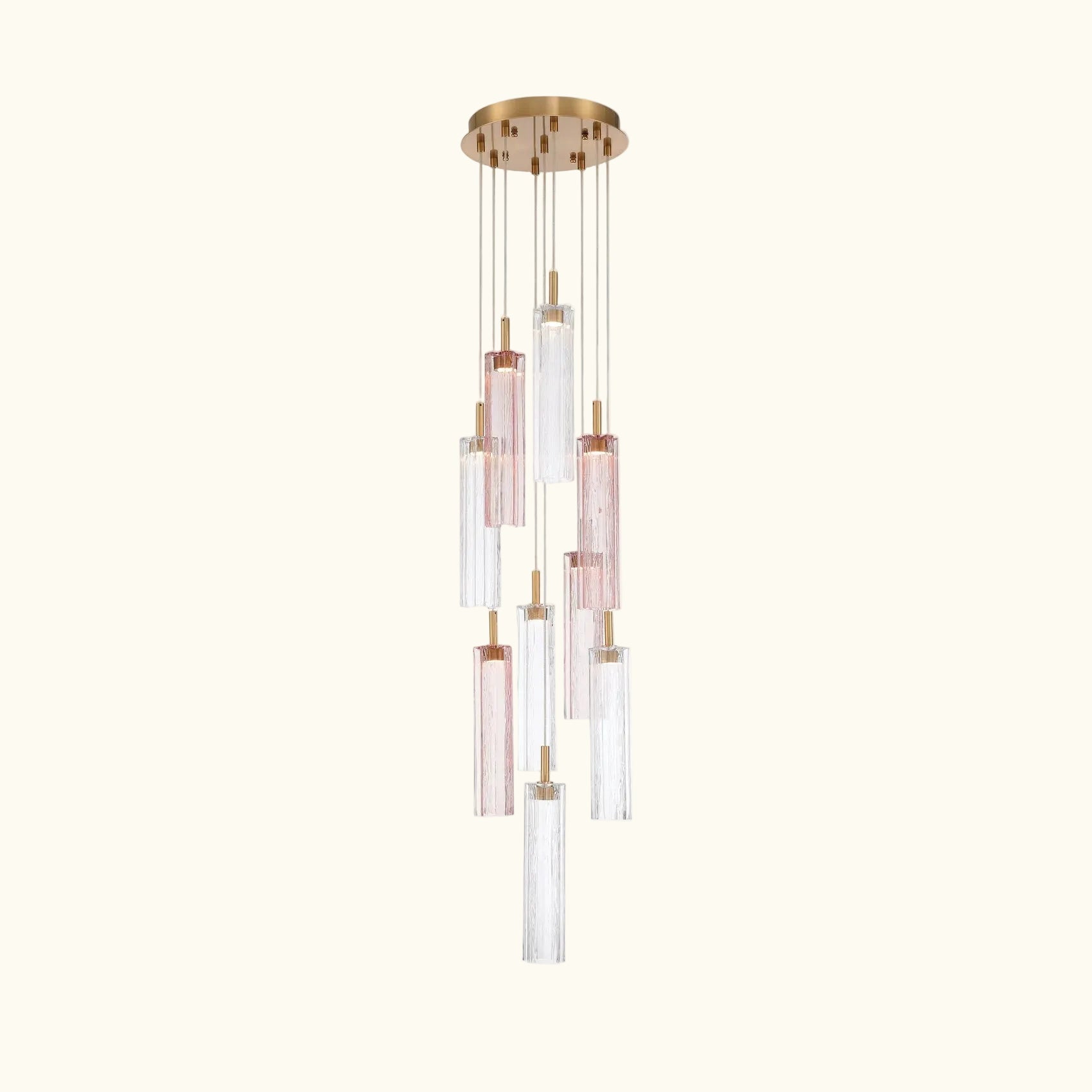 Modern chandelier with glass shades and gold accents on a white background