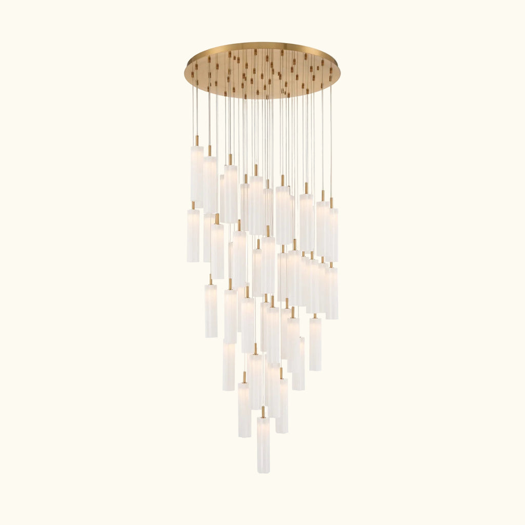 Chandelier with multiple cylindrical lights on a white background