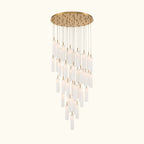 Chandelier with multiple cylindrical lights on a white background