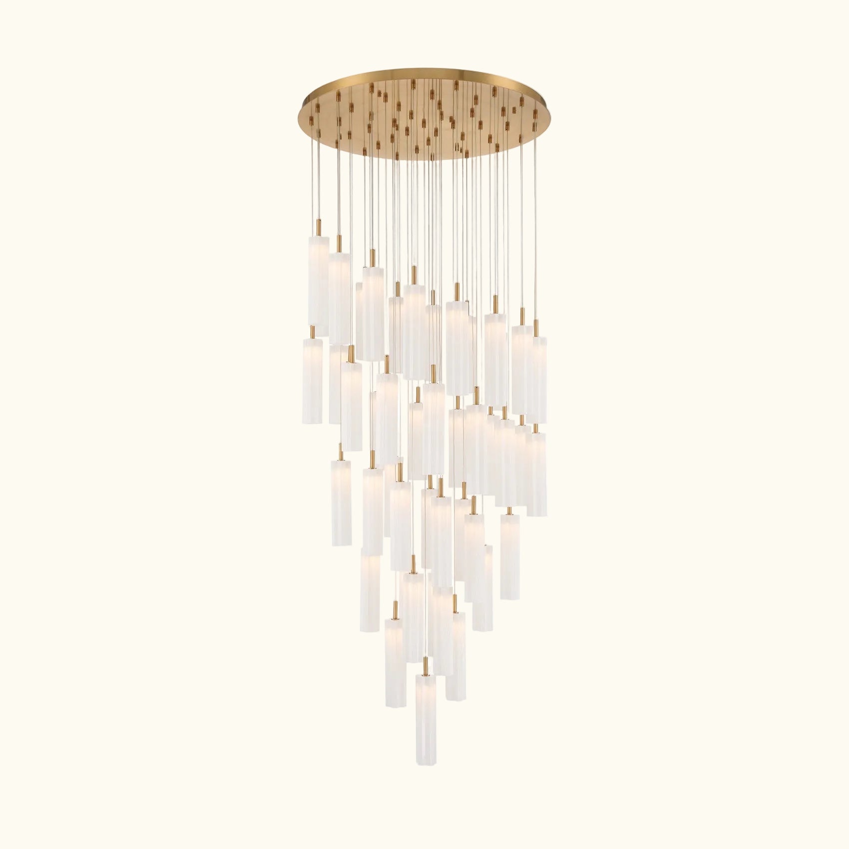 Chandelier with multiple cylindrical lights on a white background