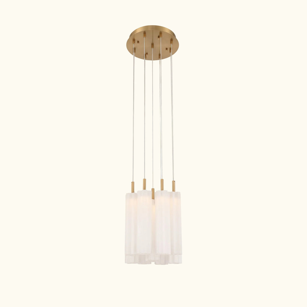 A modern multi-light pendant ceiling fixture with a brushed gold circular canopy, four slim suspension rods, and four cylindrical frosted glass shades, shown against a plain white background.