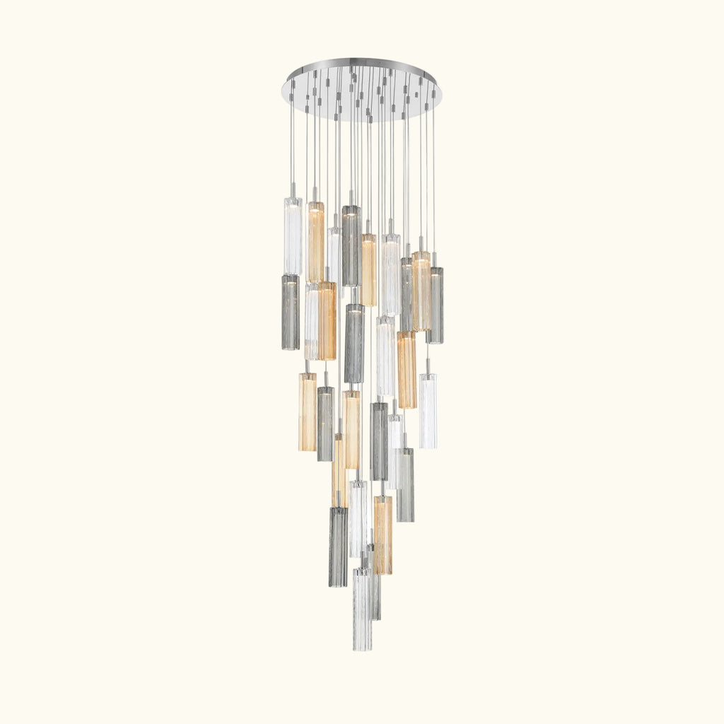 Modern chandelier with glass shades on a white background
