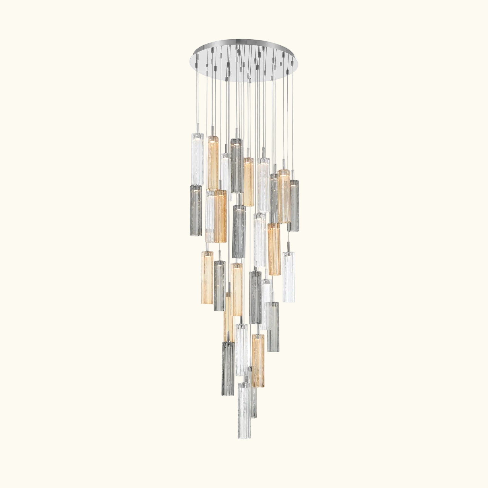 Modern chandelier with glass shades on a white background