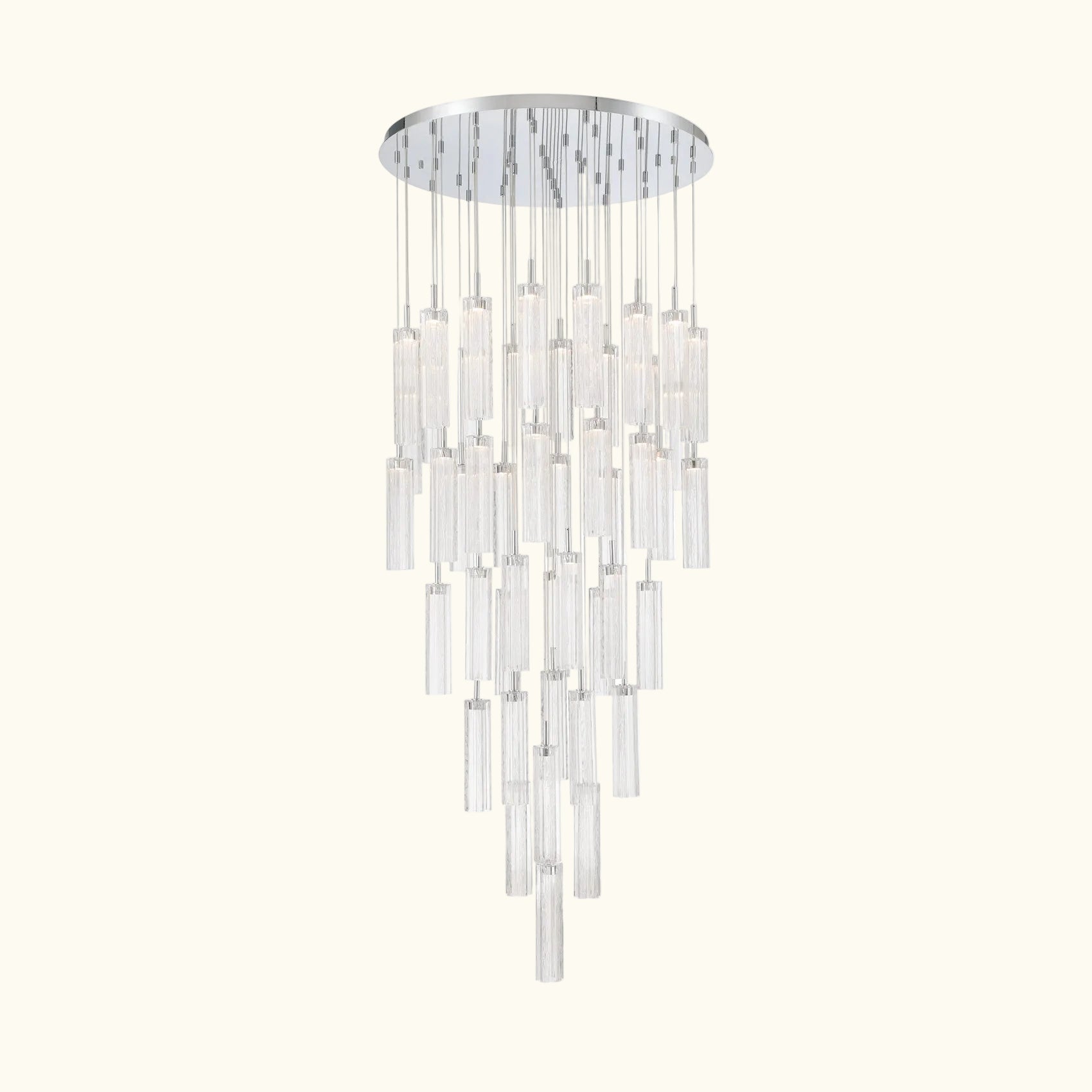 A modern multi-light chandelier with a circular silver canopy, multiple clear glass cylinder shades, and a cascading drop design on a solid white background.