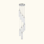 A modern multi-light linear chandelier with clear cylindrical glass shades and a polished silver-tone metal canopy and rods, shown against a plain white background.