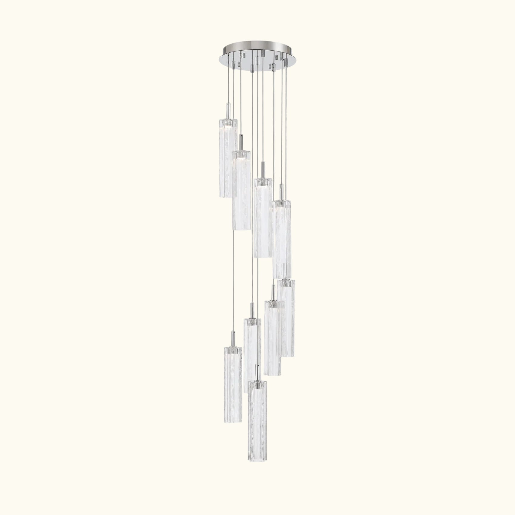A modern multi-light linear chandelier with clear cylindrical glass shades and a polished silver-tone metal canopy and rods, shown against a plain white background.