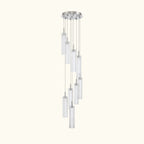 A modern multi-light linear chandelier with clear cylindrical glass shades and a polished silver-tone metal canopy and cords, shown against a plain white background.