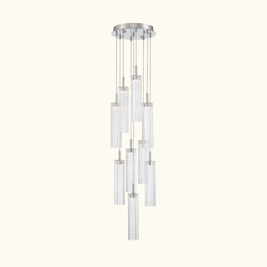 Modern chandelier with clear glass shades on a white background