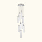 Modern chandelier with clear glass shades on a white background