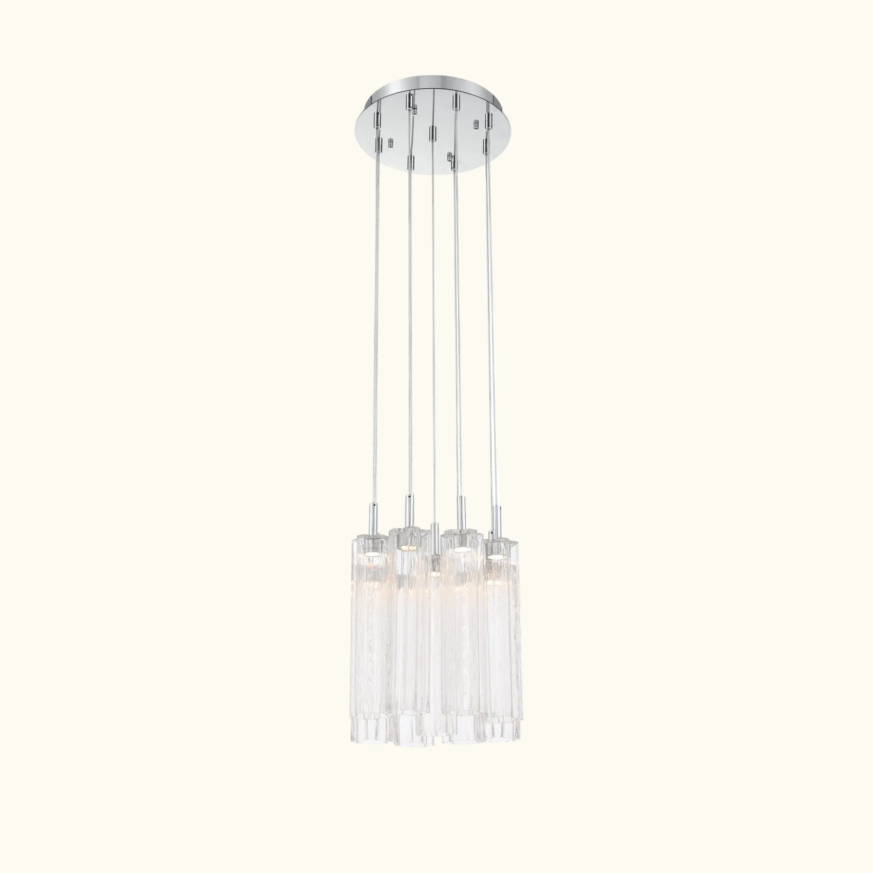 A modern multi-light linear pendant chandelier with a polished silver ceiling canopy and six clear glass cylindrical shades, shown against a plain white background.
