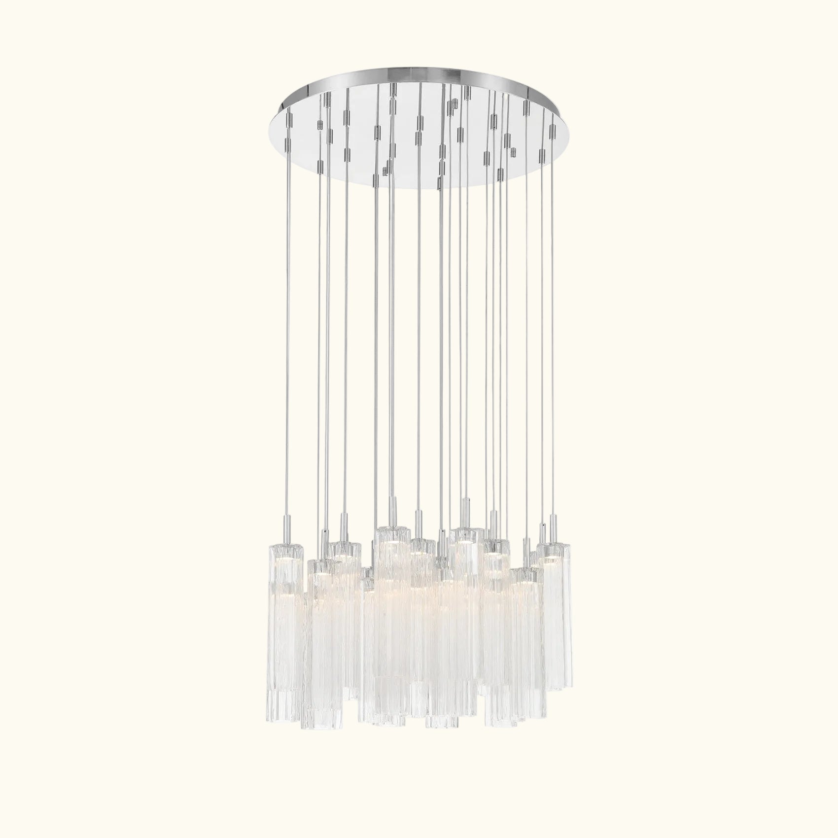 A modern multi-light chandelier with a circular silver canopy, multiple vertical silver rods, and clear cylindrical glass shades, shown against a plain white background.
