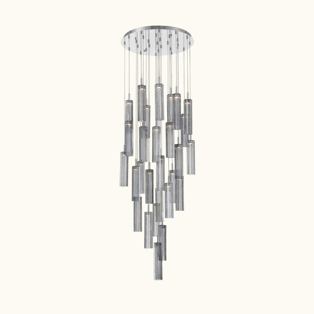 Chandelier with multiple cylindrical lights on a white background