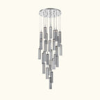 Chandelier with multiple cylindrical lights on a white background