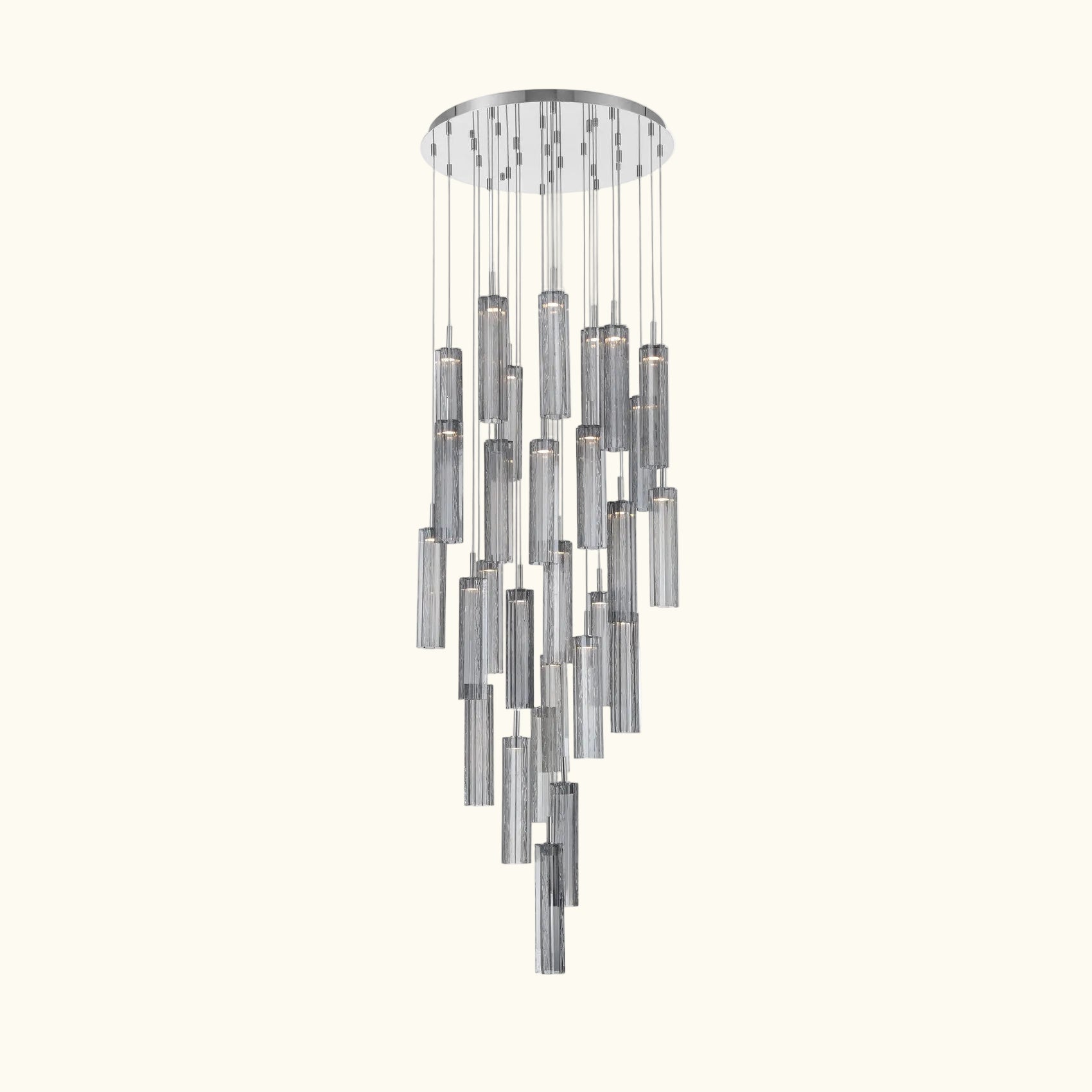 Chandelier with multiple cylindrical lights on a white background