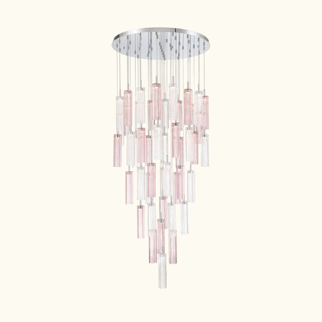 A modern multi-light chandelier featuring a circular silver chrome ceiling canopy with multiple vertical glass shades in alternating translucent pink and clear finishes, suspended against a solid white background.