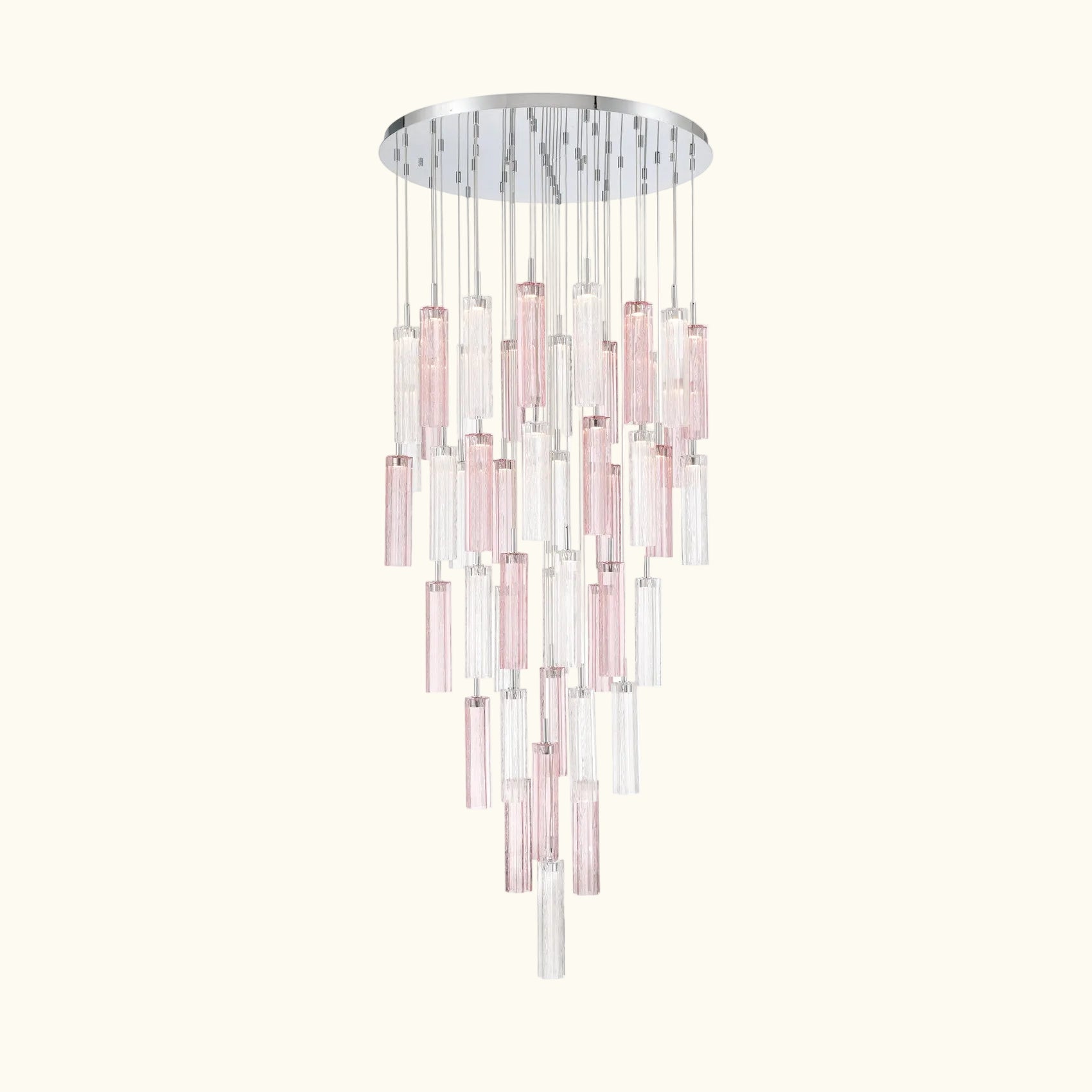 A modern multi-light chandelier featuring a circular silver chrome ceiling canopy with multiple vertical glass shades in alternating translucent pink and clear finishes, suspended against a solid white background.