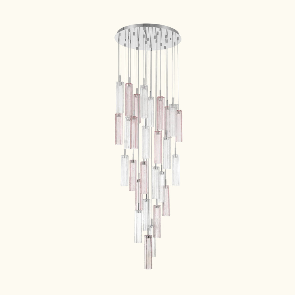 Chandelier with multiple cylindrical glass shades on a white background