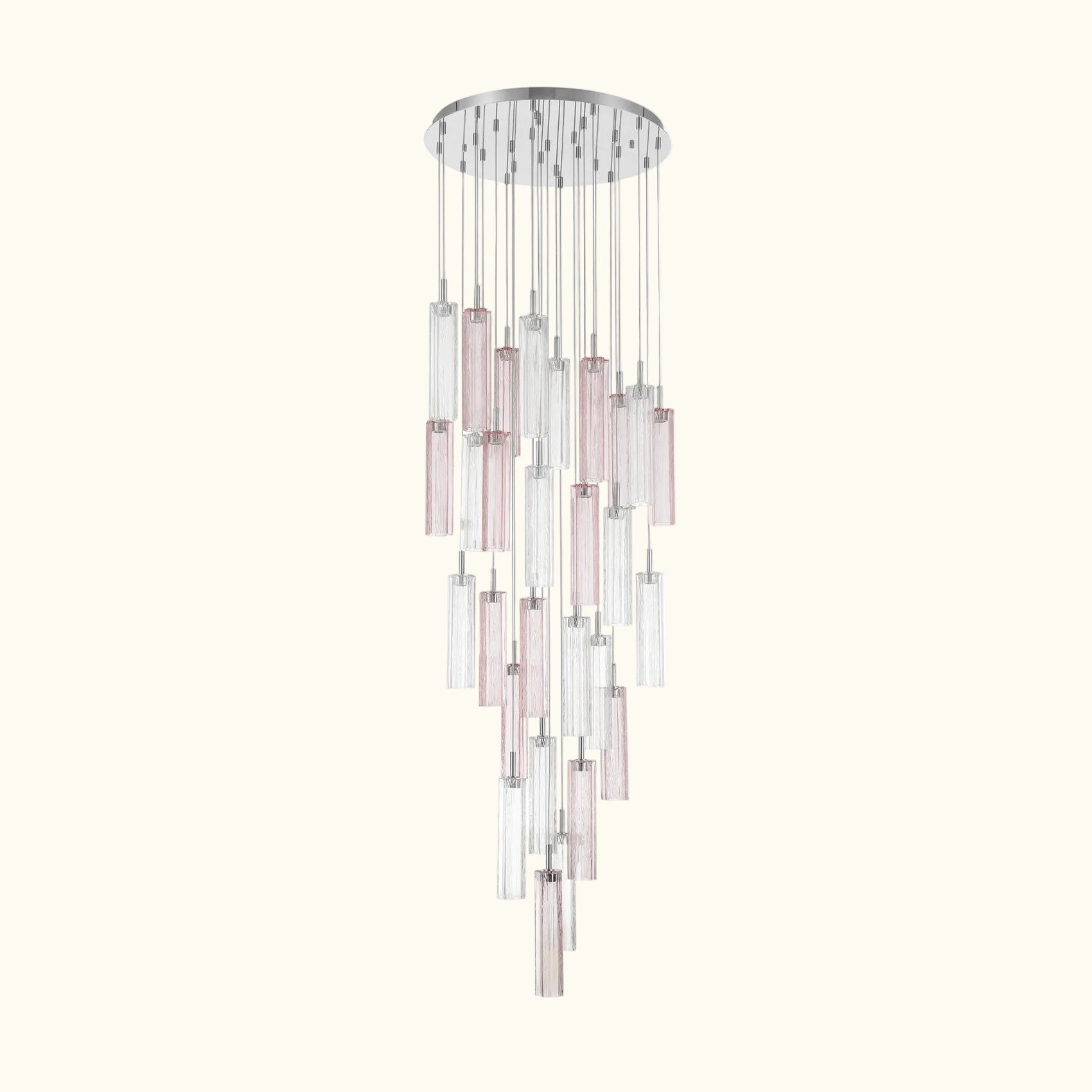 Chandelier with multiple cylindrical glass shades on a white background