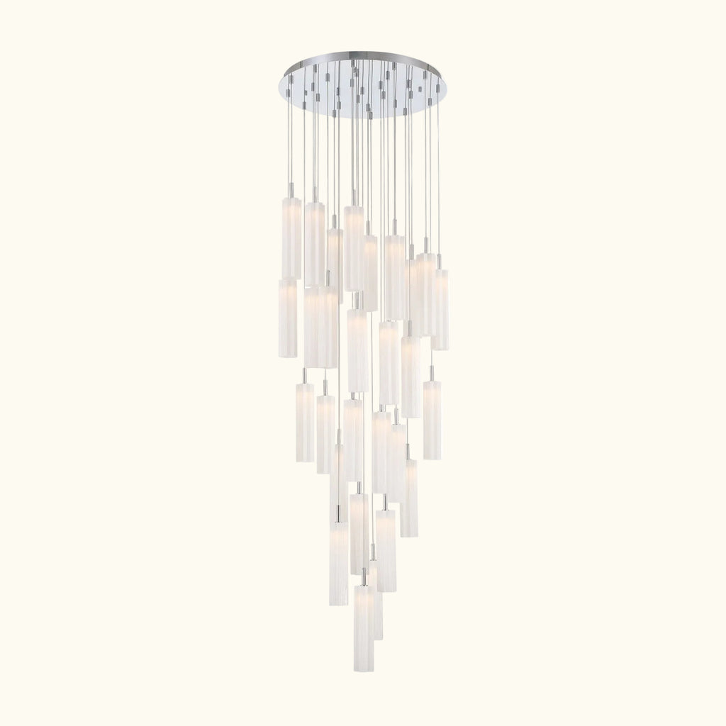 Chandelier with multiple cylindrical lights on a white background