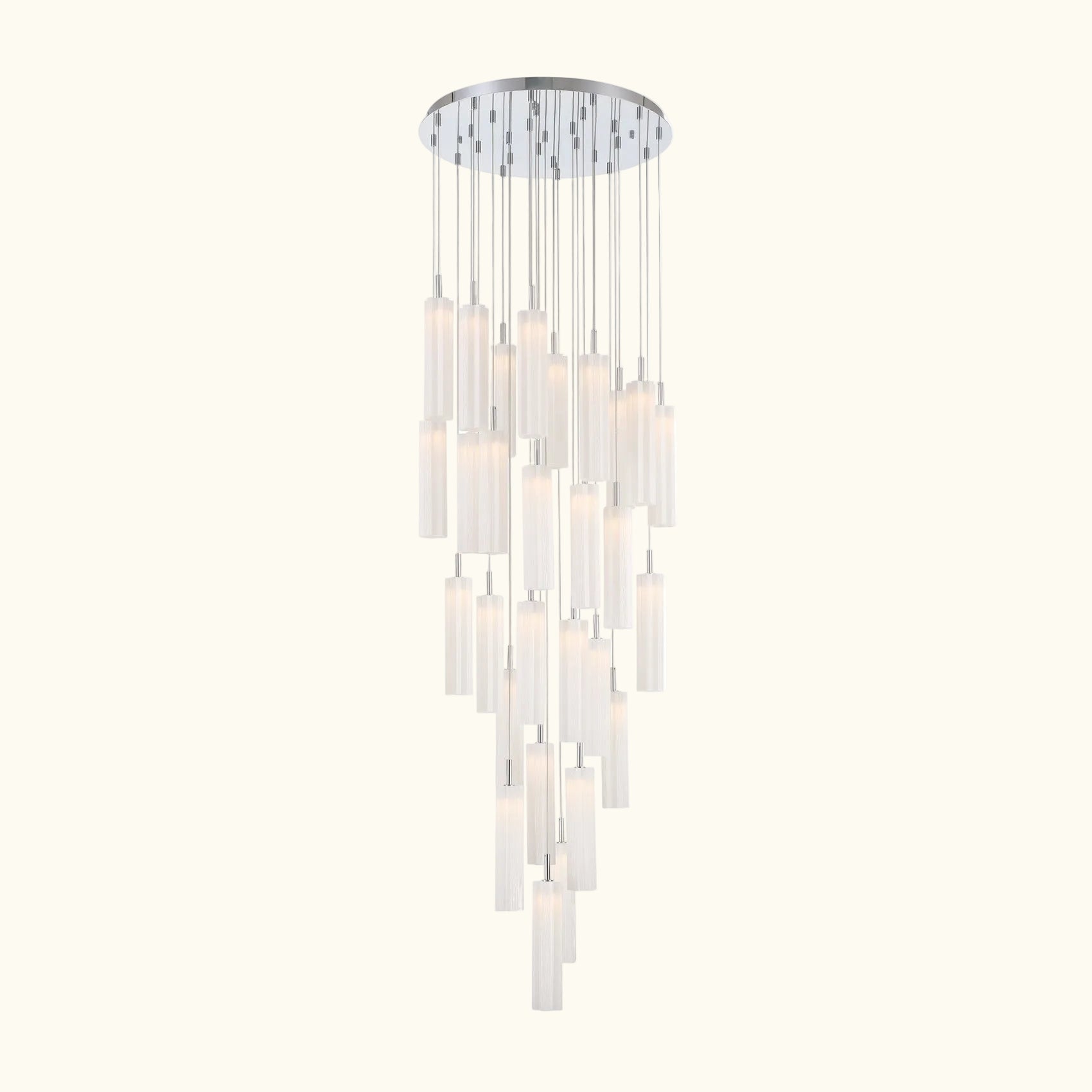 Chandelier with multiple cylindrical lights on a white background