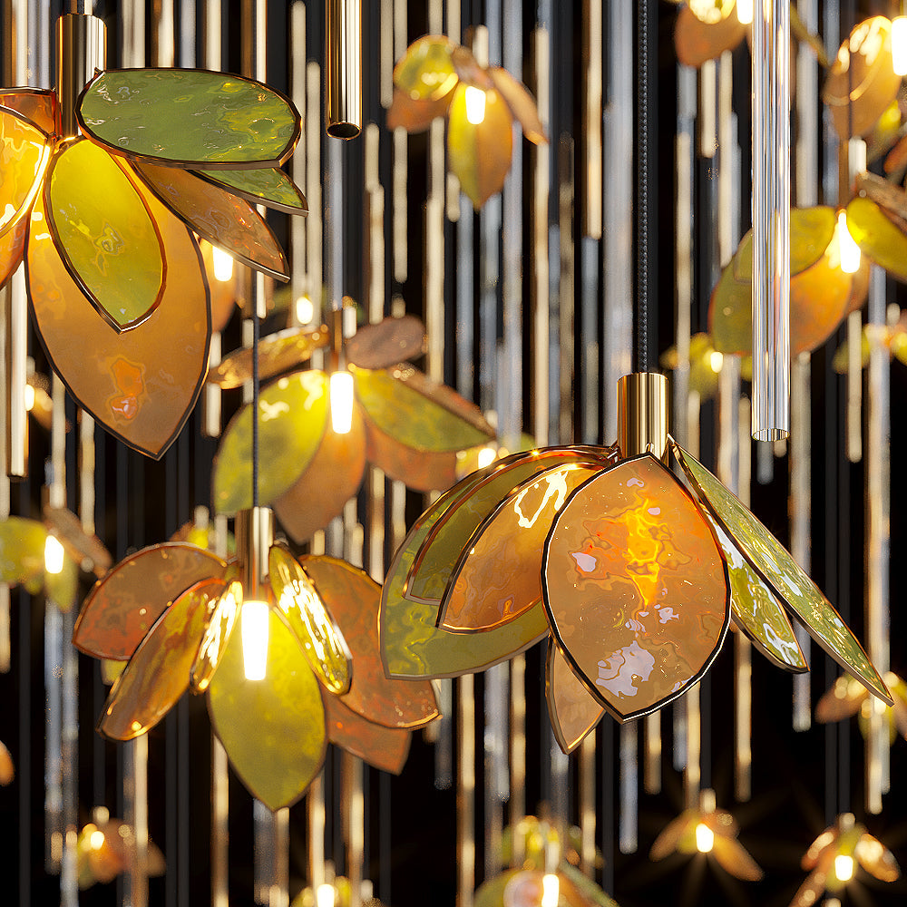 Amber Blossom Rain Chandelier chandelier in a tall interior