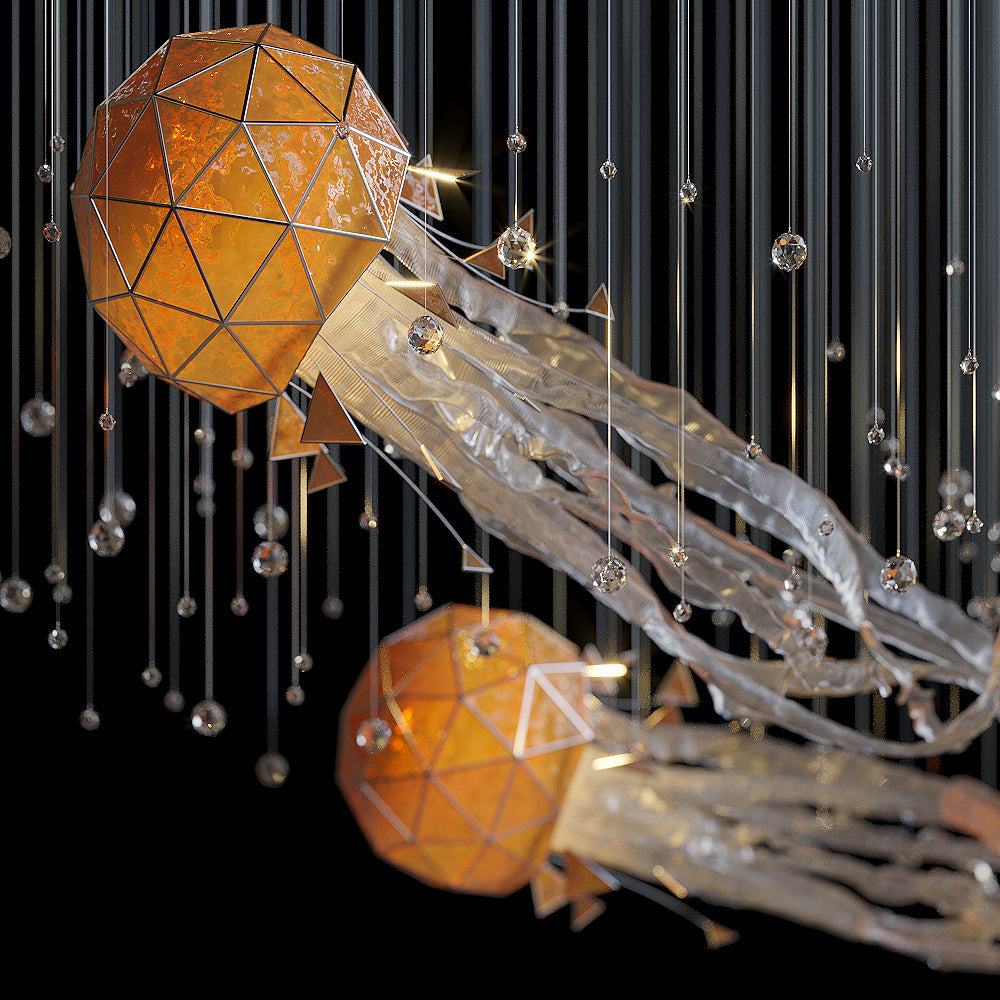 Amber Geometric Jellyfish Chandelier chandelier in a tall interior