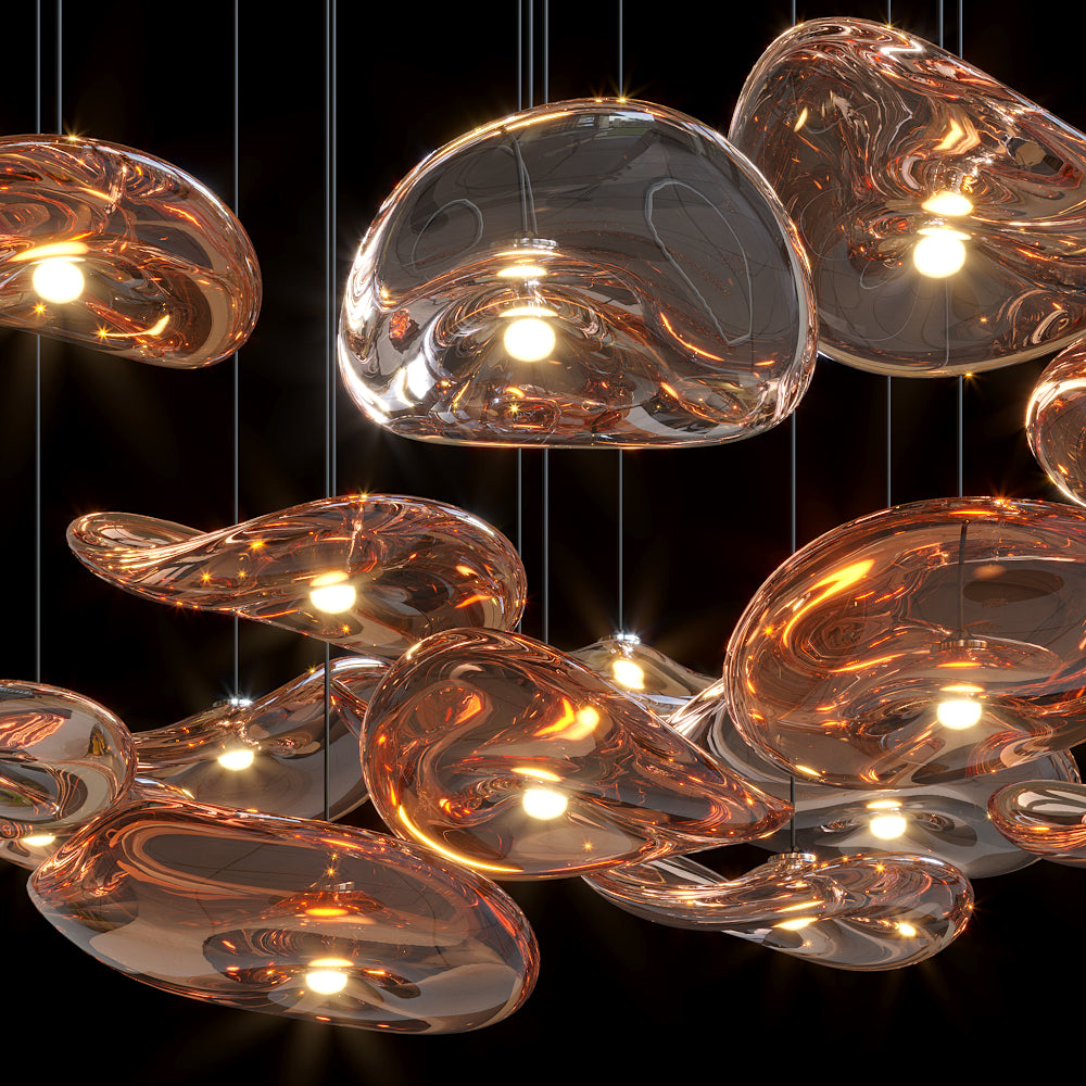 Amber Glass Pebble Cluster Chandelier chandelier in a tall interior