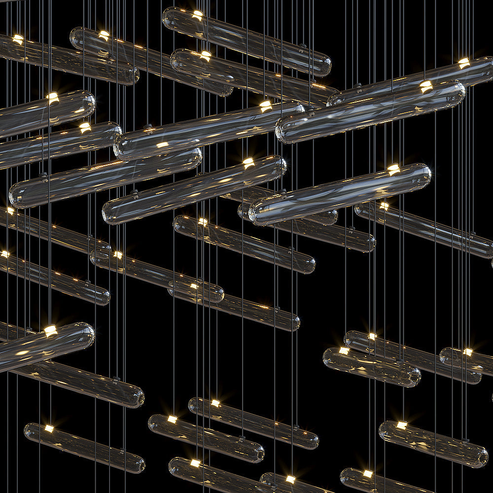 Linear Glass Rod Scatter Chandelier chandelier in a tall interior