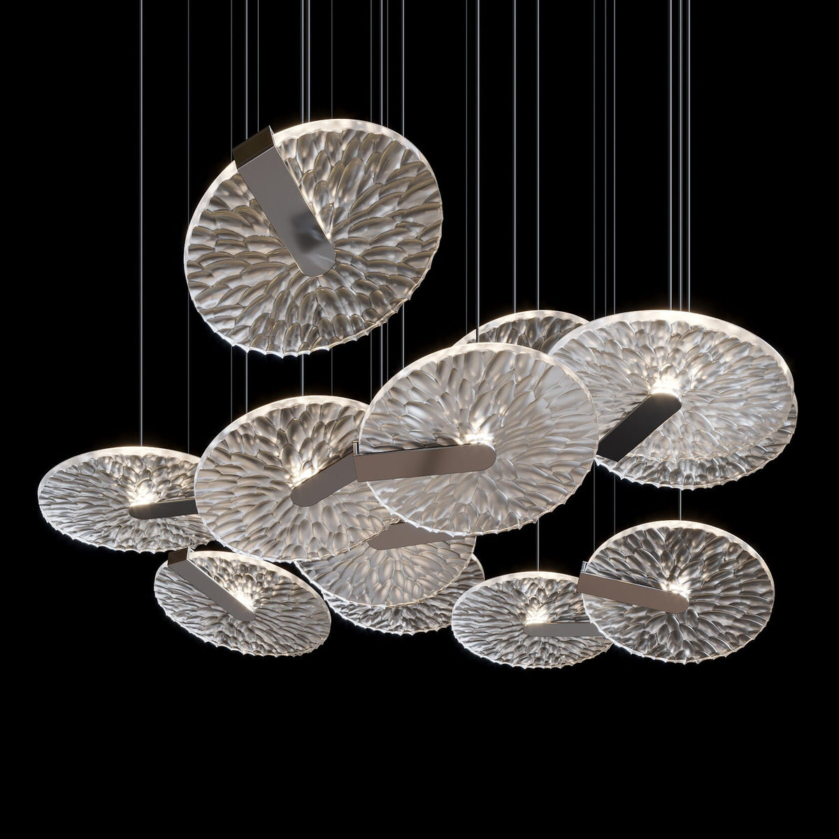 Silver Disc Halo Chandelier chandelier in a tall interior