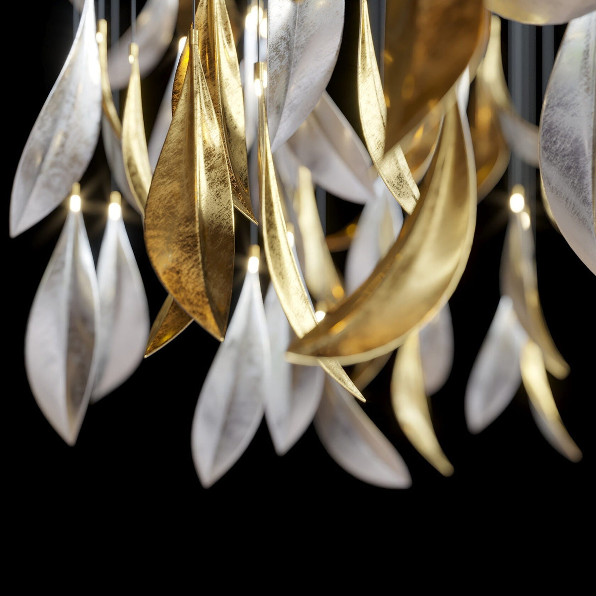 Gold Silver Leaf Rain Chandelier chandelier in a tall interior