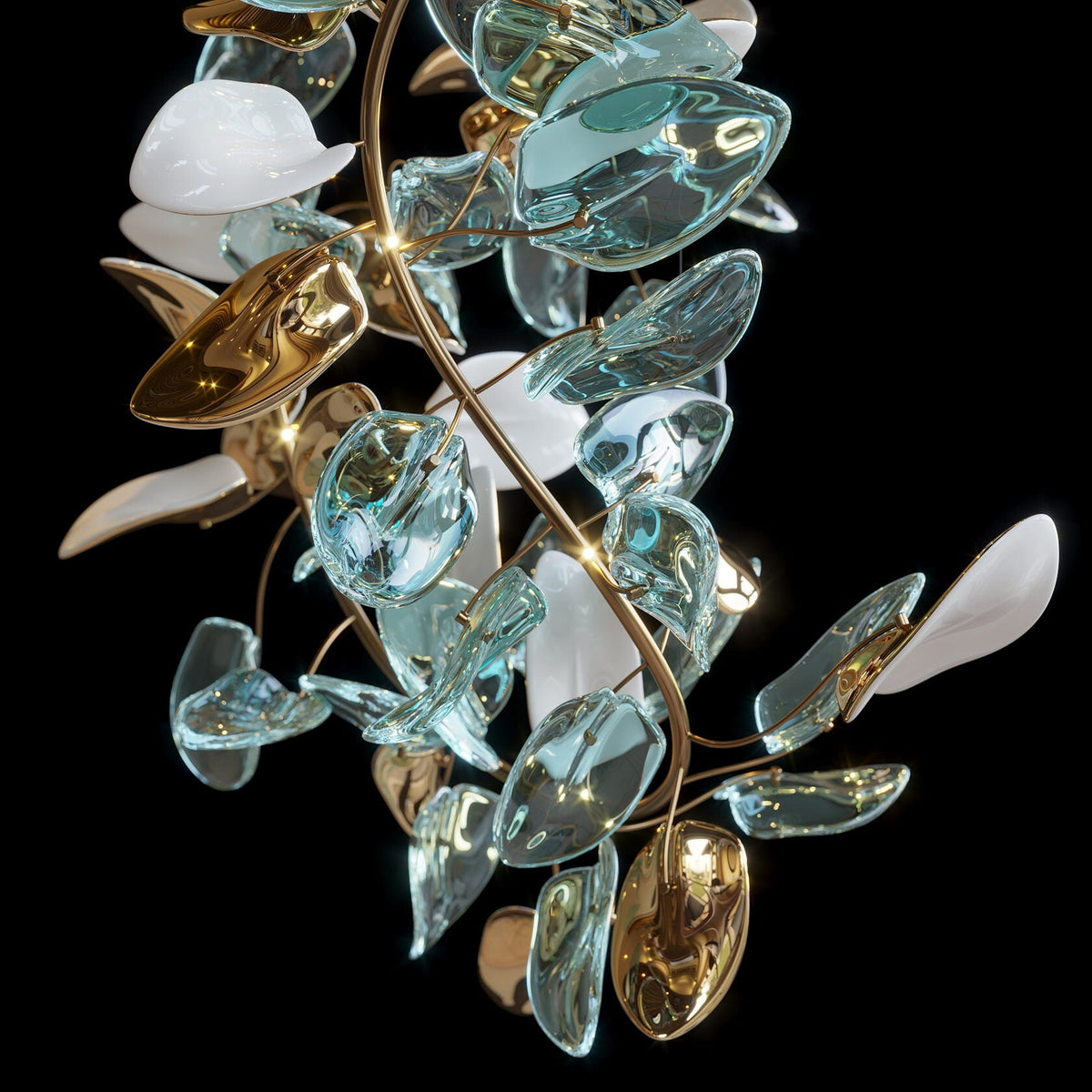 Aqua Glass Petal Branch Chandelier chandelier in a tall interior