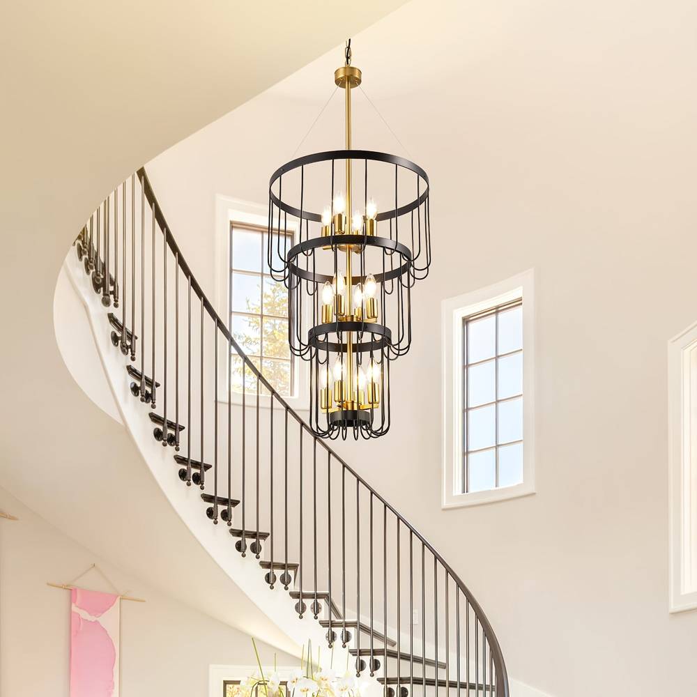 12-Light Farmhouse Staircase Chandelier for high ceiling staircase and foyer lighting