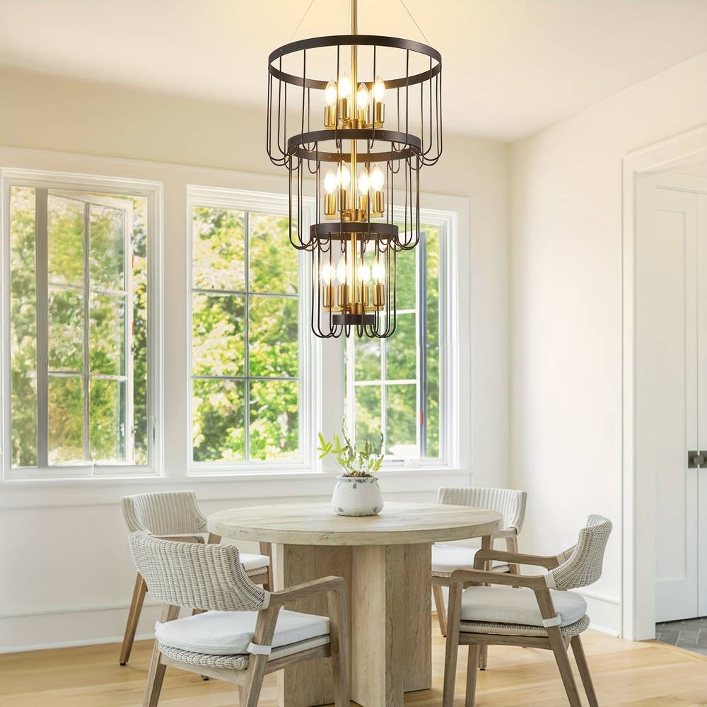 12-Light Farmhouse Staircase Chandelier for high ceiling staircase and foyer lighting
