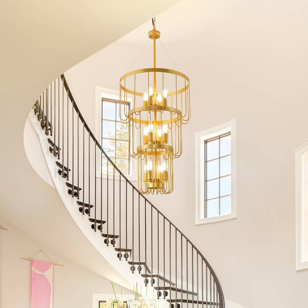12-Light Farmhouse Staircase Chandelier for high ceiling staircase and foyer lighting