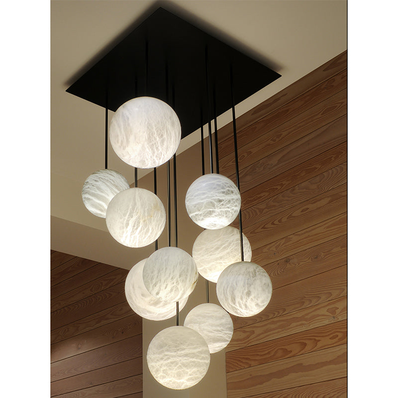 Glacera Alabaster Sphere Staircase Chandelier,Multi Pendant Light chandelier in a tall interior