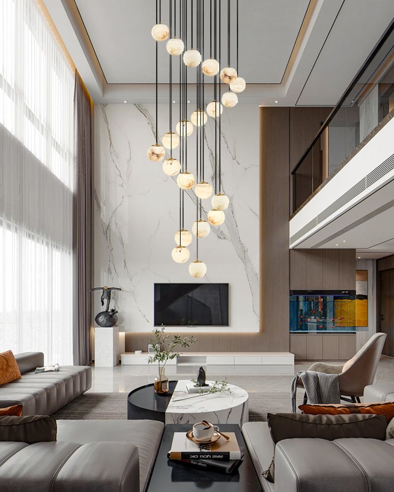 Small Alabaster Cluster Globes Ceiling Pendant Light For High Ceiling chandelier in a tall interior