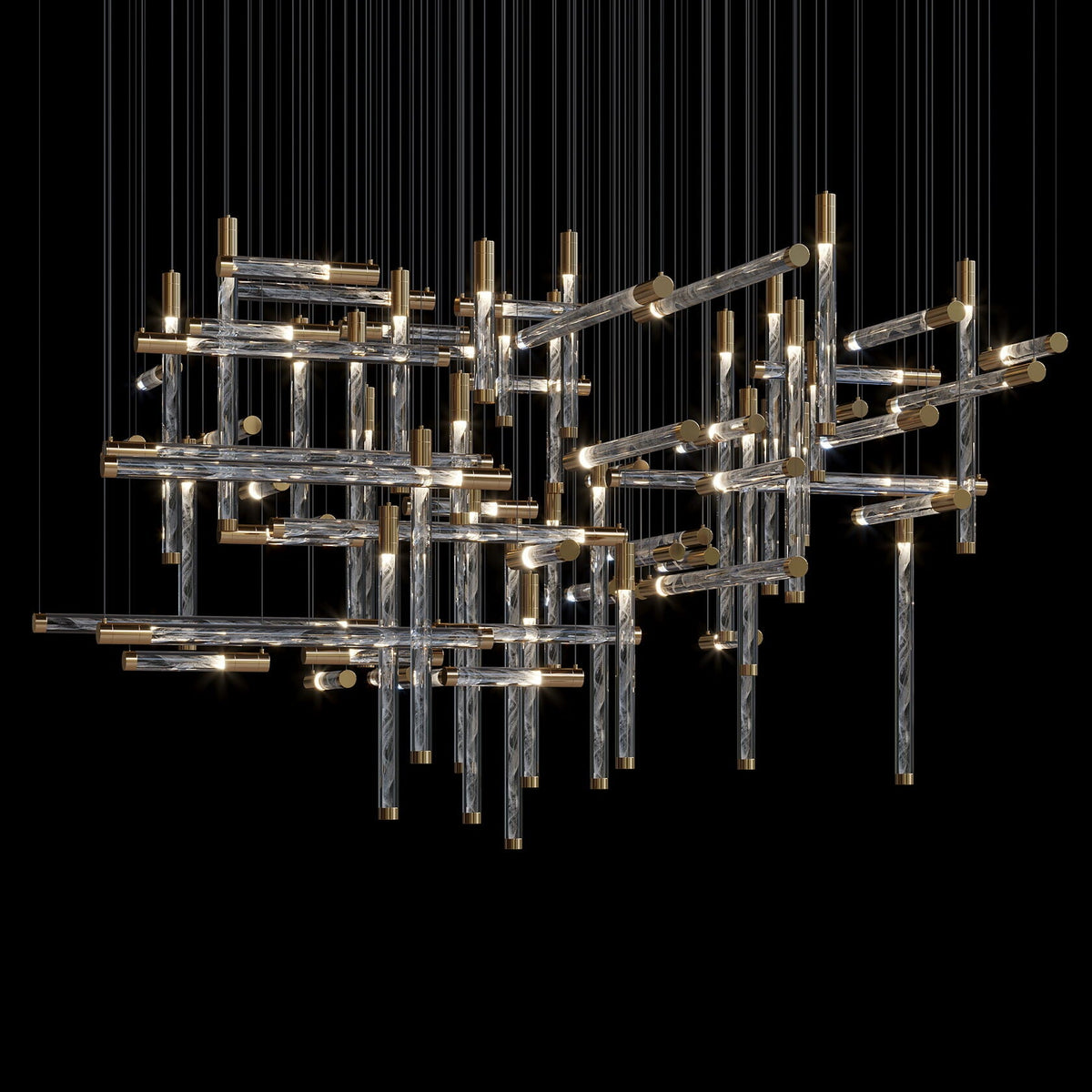 Crystal Beam Grid Chandelier chandelier in a tall interior