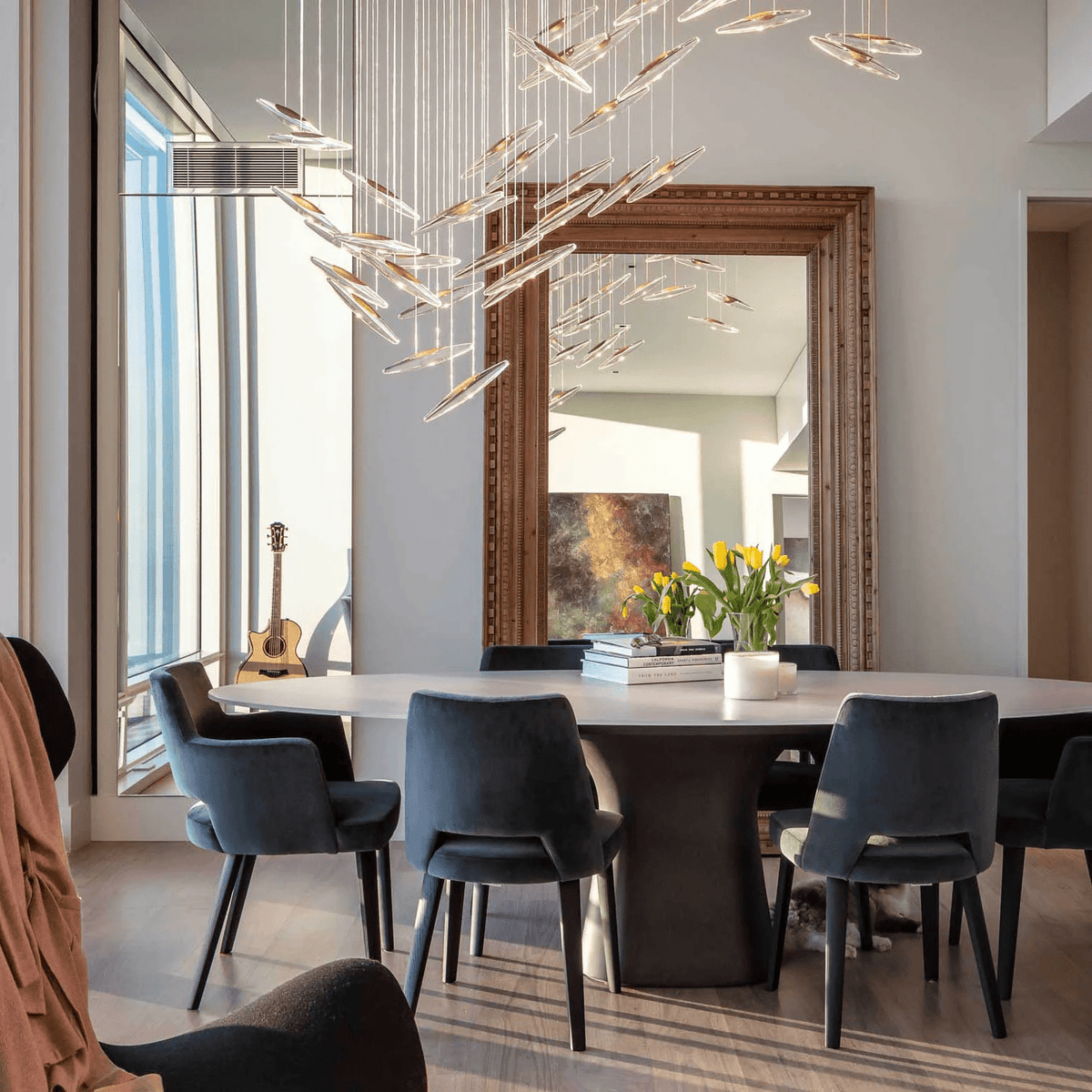 Moonlight Chandelier for Staircases with Layered Glass Crystals Up to 98.4″H chandelier in a tall interior