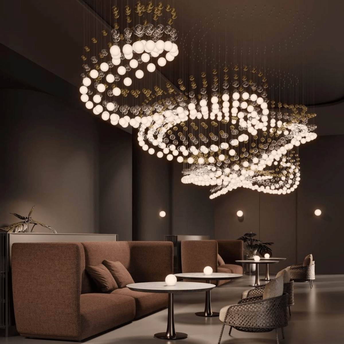 Pearl Curtain Custom Chandelier chandelier in a tall interior