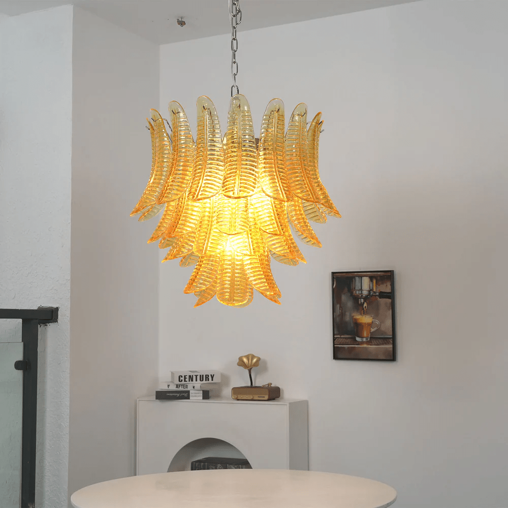 Aurelium Cascade Glass Chandelier chandelier in a tall interior